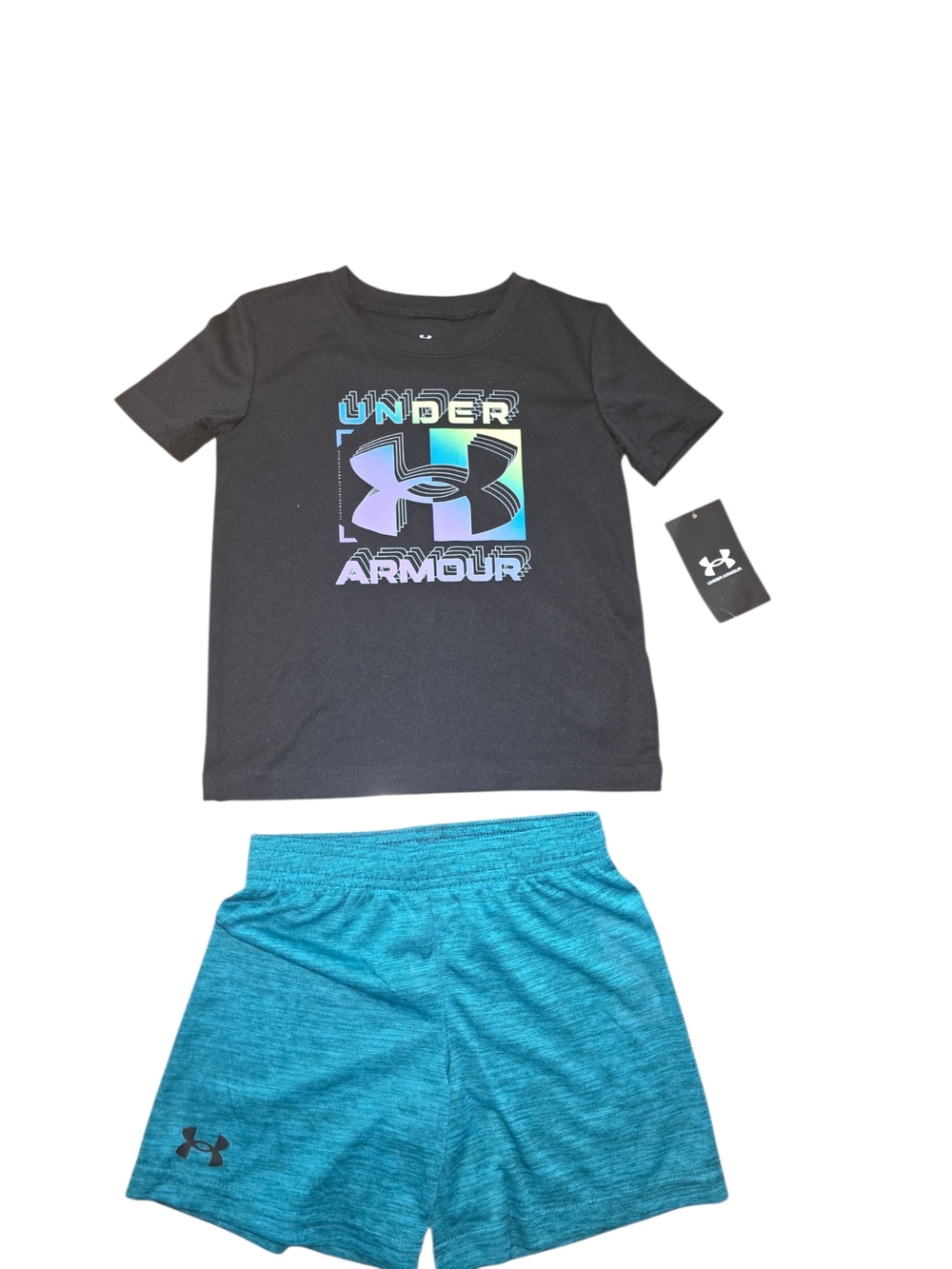 Under Armour Kids Black Logo Tee and Teal Shorts Set